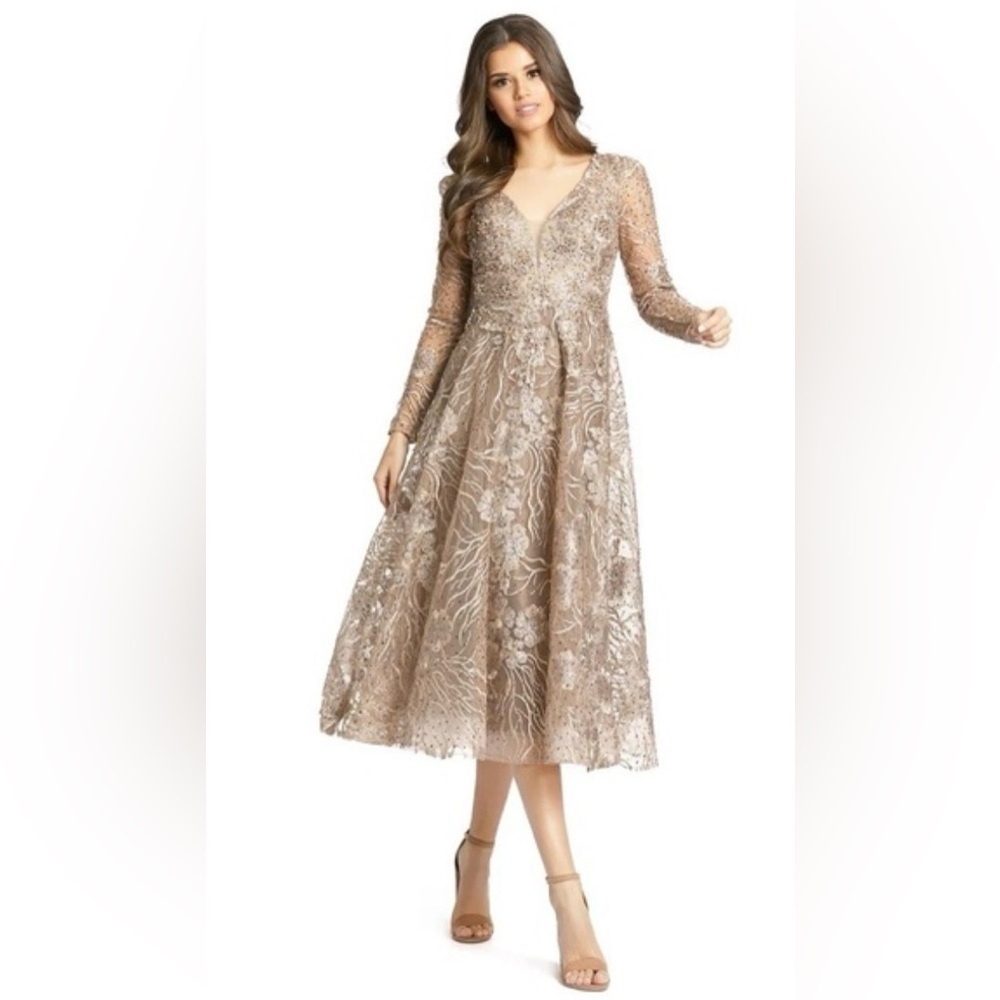 Mac Duggal Sz 14 Deep Plunge Lace Dress Golden Beige Sheer Sequin Beads Floral